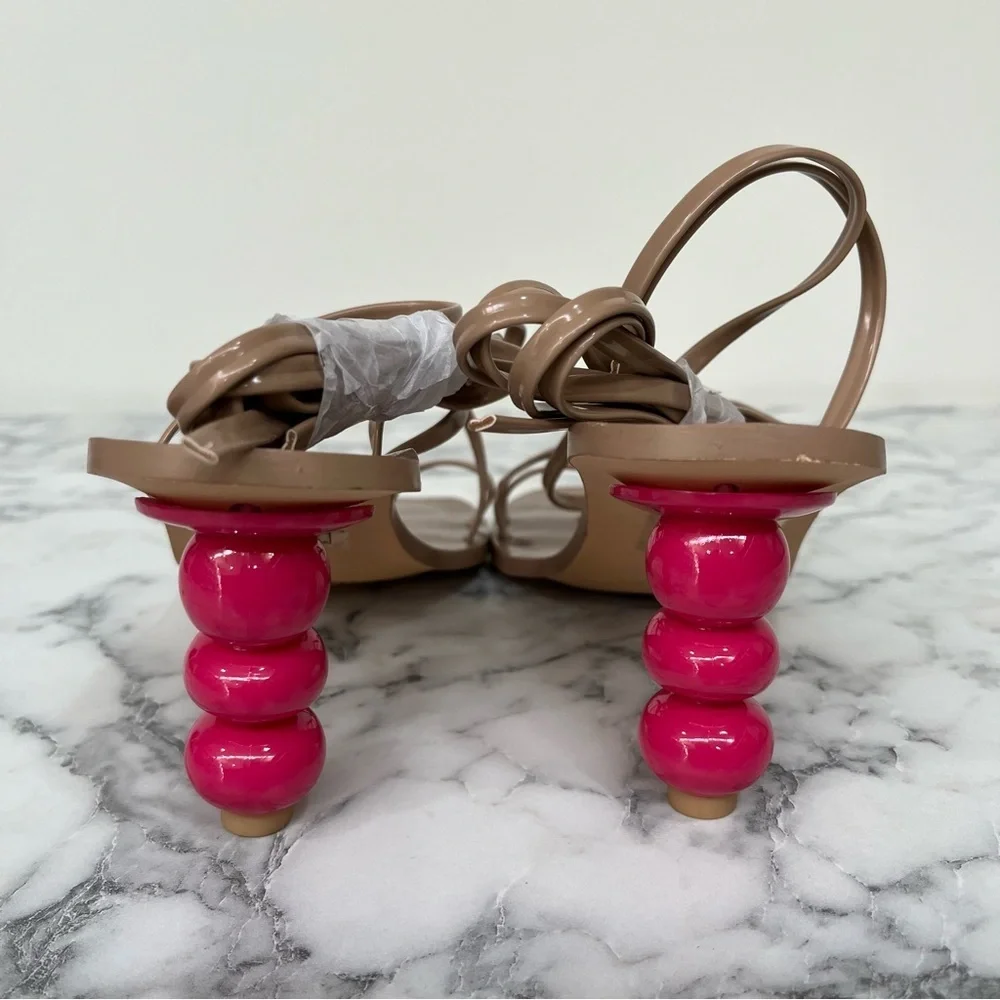 NWOT Lulus Hildain Light Nude and Pink Patent Lace-Up High Heel Sandals